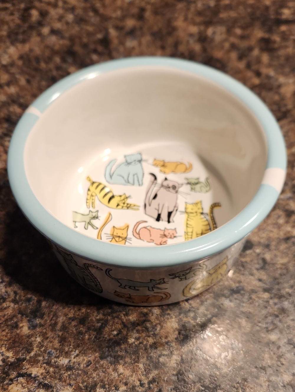 Ceramic Cat Print Pet Bowl - Light Blue 6" Diameter 2 3/4" Ht